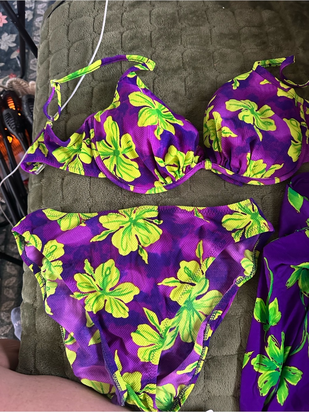 med ladies 2 piece swimsuit with wrap  - Purple with Neon Green Floral